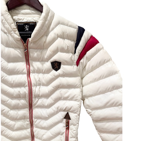 White Puffer Coat Jacket Red Blue Stripes Regal Patriotic Preppy M Ski Lodge - Picture 2 of 8